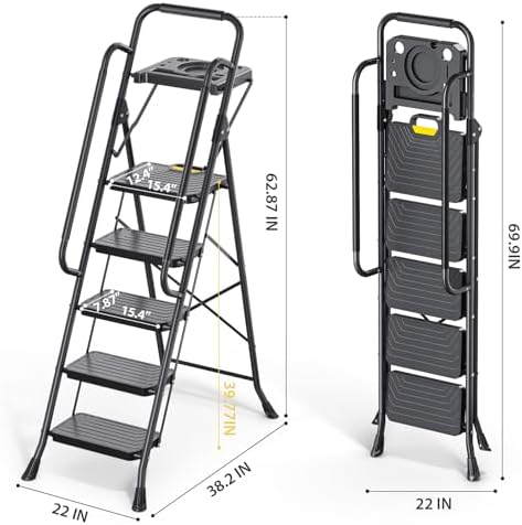 KINGRACK 5 Step Ladder, Sturdy Steel Step Stool with Anti-Slip Wide Pedals, Handrail, Safe-Lock Design, Pass 800lbs Load Testing, Folding Portable Ladder for Multi-Purpose, Home, Kitchen, Black