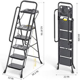KINGRACK 5 Step Ladder, Sturdy Steel Step Stool with Anti-Slip Wide Pedals, Handrail, Safe-Lock Design, Pass 800lbs Load Testing, Folding Portable Ladder for Multi-Purpose, Home, Kitchen, Black