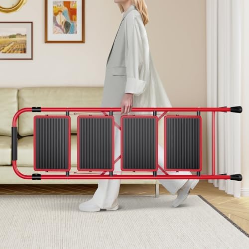 KINGRACK Step Ladder, Folding Ladder with Non-Slip and Wide Pedal, Small Ladders with Handle, Heavy Duty Steel Ladder, Lightweight Step Ladder (Red, 4 Step Ladder)