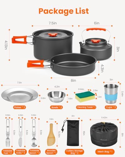 22Pcs Camping Cookware Mess Kit for 2, Lightweight Camping Kitchen Pots and Pans Set, Portable Camping Essentials for Backpacking, Camping Cooking Hiking and Picnic