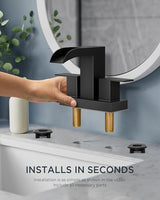 FORIOUS Square Black Bathroom Faucets for 2 Hole or 3 Hole, Waterfall 4 Inch Centerset Bathroom Sink Faucet with Metal Pop-up Drain and Supply Lines, Two Handles for Vanity, Laundry Room, Basin
