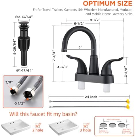 KPW Bathroom Sink Faucet 2 or 3 Hole Matte Black Centerset 4 Inch Bathroom Sink Faucet 2 Handle Plating Over ABS Plastic Non-Metallic Lavatory Bathroom Faucet with Pop up Drain Water Supply Hoses