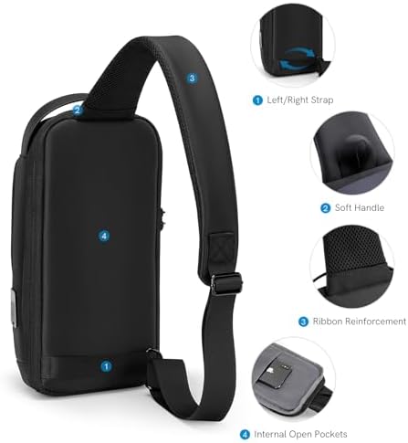 Kingsons Anti-theft Sling Backpack with Lock& Charger for Men, Small Black Casual Crossbody Bag, Mini Lightweight Chest Ipad Daypack for Travel Cycling Hiking