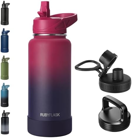 32oz Insulated Water Bottle with Straw, Stainless Steel Metal Vacuum Water Flask, Large Thermos Water bottle with Leakproof 3 Lids for Travel, Camping, Gym Sports Dark Rainbow