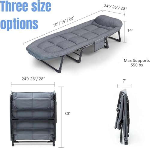 Chaise Lounge Chair, Folding Cot, 6-Angle Adjustable Camping Cot with Mattress for Patio and Beach, Foldable Bed Portable Heavy Duty Lay Flat Reclining with Pillow (Grey, M - 70")