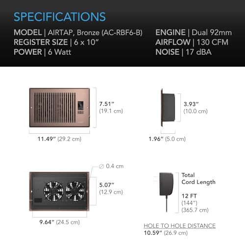 AC Infinity AIRTAP T6 Bronze, Register Booster Fan for 6” x 10” Register Holes, Improves Heating & Cooling Vents, Quiet 10-Speeds, Bluetooth App Control Data Alerts