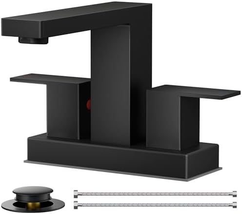 FORIOUS 4 Inch Centerset Bathroom Faucet Black 3 Hole or 2 Hole, Square Matte Black Bathroom Sink Faucet Centerset 4" with Metal Pop Up Drain, 24" CUPC Hose and Spare Water Saving Aerator