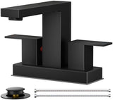 FORIOUS 4 Inch Centerset Bathroom Faucet Black 3 Hole or 2 Hole, Square Matte Black Bathroom Sink Faucet Centerset 4" with Metal Pop Up Drain, 24" CUPC Hose and Spare Water Saving Aerator