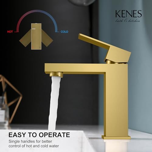KENES Brushed Gold Bathroom Faucets, Modern Single Hole Lavatory Vanity Faucet, Single Handle Bathroom Sink Faucet Gold, with Pop Up Drain & Water Supply Hoses LJ-9031-4