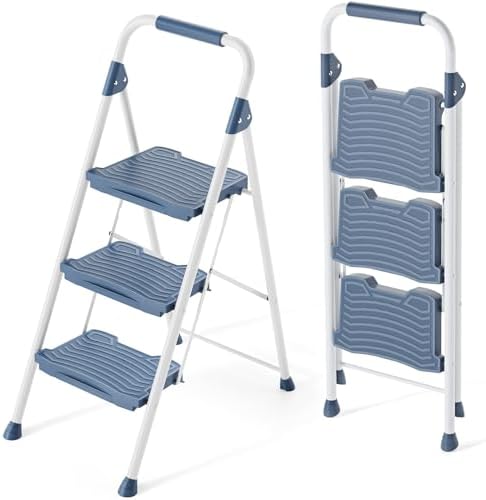 KINGRACK 3 Step Ladder, 900lbs Sturdy Step Stool with Handrail, Non-Skid Wide Pedals, Foldable 3 Stepladder with Safety Locking for Home, Garage, Garden, Office, Blue