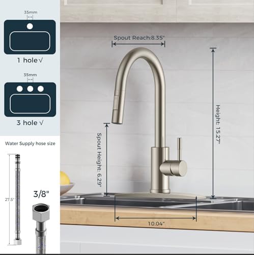 FORIOUS Kitchen Faucet with Pull Down Sprayer, Brushed Nickel High Arc Modern Classic Sink Faucet Stainless Steel with Deck Plate Fit for 1 or 3 Hole for Pot Filler Bar Farmhouse Laundry Rv