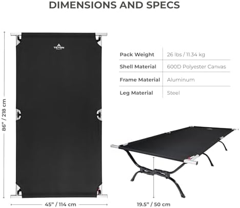 Teton Camping Cot with Patented Pivot Arm, Folding Camping Cot, Durable Heavy Duty Canvas, Comfortable Sleeping Bed for Adults, Portable