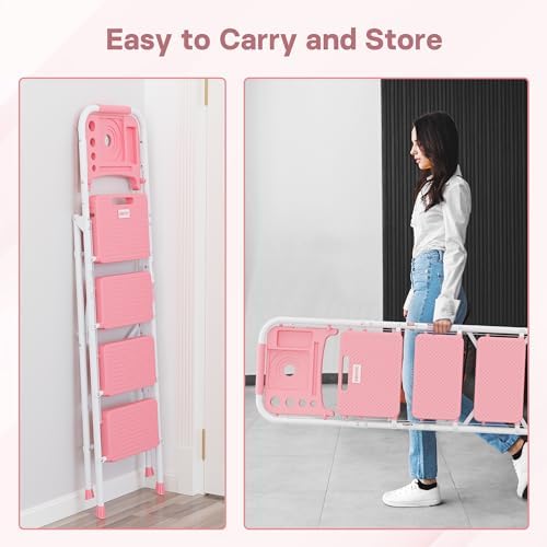 BONTEC 4-Step Ladder, 400lbs Max Load, Folding Step Stool with Tool Tray, Anti-Slip Pedals, Sturdy Steel, Lightweight Portable Ladder with Handrail for Home & Work Use, Pink