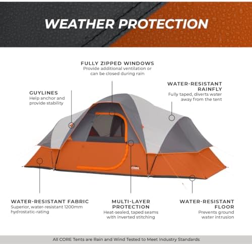 CORE Tent for Family Camping, Hiking and Backpacking | 3 Person / 4 Person / 6 Person / 9 Person Person Dome Camp Tents with Included Tent Gear Loft for Outdoor Accessories