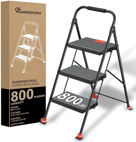 Step Ladder Foldable Folding Stool - for Home Adults Kitchen 3 Stepping Extension Tall Heavy Duty with Handrails - Closet Stepstool Stair Ladders Extendable Stepladder for Indoor House 800Lbs