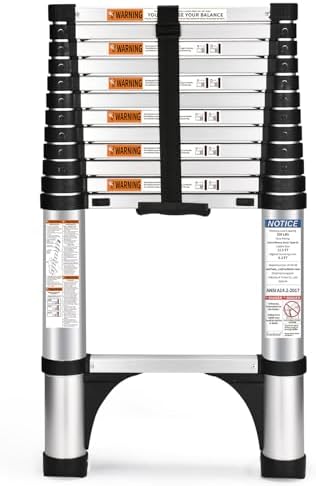 Soctone Telescoping Ladder, 12.5 FT Aluminum Button Retraction Extension Ladder with 2 Triangle Stabilizers, Multi-Purpose Ladder with Slow Down Design, 330lbs Max Capacity for House Daily Life