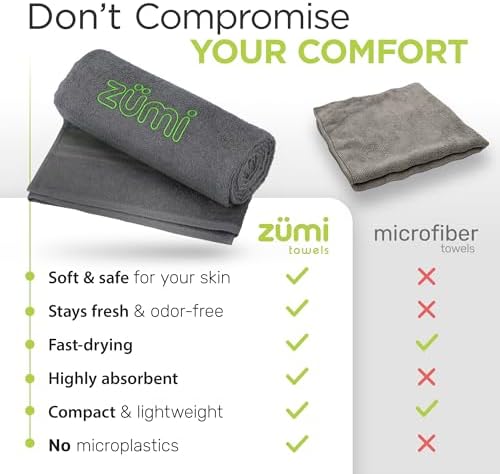 Zumi 100% Cotton Quick Dry Large Travel Towel - Soft, Thin, Compact, Highly Absorbent, Lightweight Camping Towel for Beach, Gym, Bath, Shower, Swimming, Dorm, RV - Gray