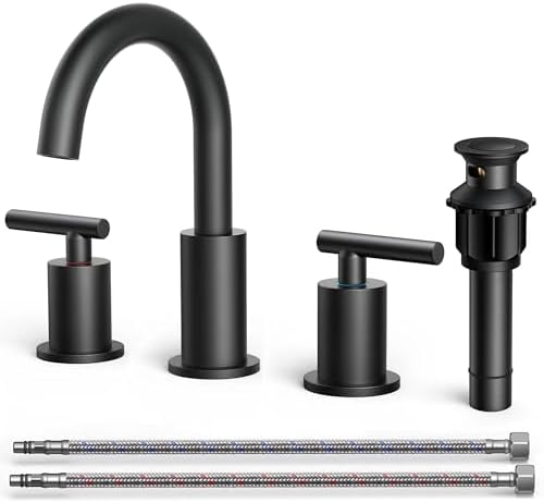 FORIOUS Bathroom Faucets, 8 Inch Widespread Matte Black Bathroom Sink Faucet 3 Hole with 360°Swivel Spout, Suitable for 6-12 Inch Vanity Sink, with Metal Pop-up Drain and cUPC Supply Line