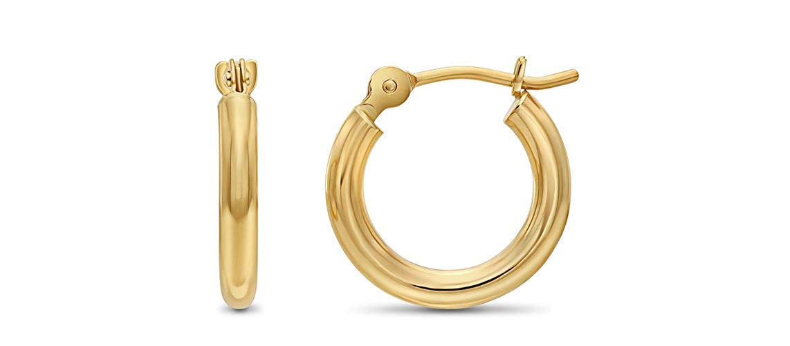 14k Yellow Gold Classic Shiny Polished Round Hoop Earrings, 2mm Tube 13mm