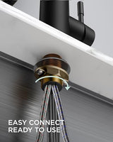 FORIOUS Black Kitchen Faucet with Soap Dispenser, Single Handle Stainless Steel Spring Sink Faucet with Pull Down Sprayer Transitional for Farmhouse Camper Laundry Camper