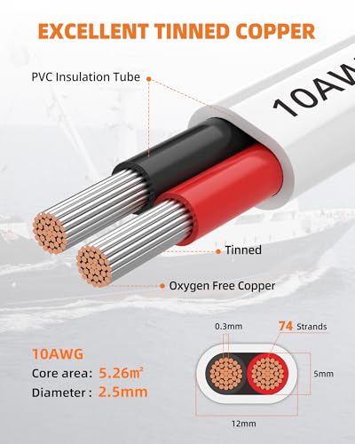 10 Gauge Marine Wire, 10/2 Duplex Marine Grade Cable, IP68 Waterproof/Oxygen-Free Tinned Copper Stranded PVC 10 AWG Wire for Boat, Automotive, RV, Solar, LED Strips (100FT/30M)