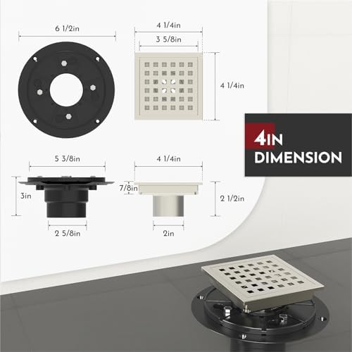 4 Inch Square Shower Floor Drain with Flange,Quadrato Pattern Grate Removable,Food-Grade SUS 304 Stainless Steel,Watermark&CUPC Certified,Brushed Nickel