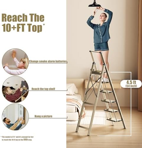6 Step Ladder, Folding Step Stool with Handgrip and Anti-Slip Wide Pedal, Portable Lightweight Aluminum Stepladder for Kitchen, Home, Library, Office (300 lbs Capacity) - Gold