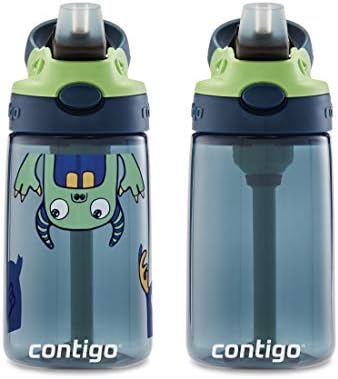 Contigo Aubrey Kids Water Bottle, Cleanable Silicone Straw, Spill-Proof Lid, Dishwasher Safe, 14oz 2-Pack, Blueberry & Monsters Theme
