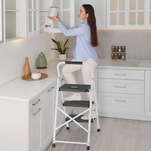 BONTEC 3-Step Ladder, Folding Step Stool, 600lbs Max Load Capacity, Sturdy Steel, Non-Slip Pedals, Lightweight, Portable Steel Ladder with Convenient Handrail, Safety Design for Home & Work, White