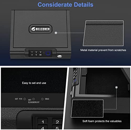 Gun Safe,Biometric Gun Safe for Pistols 3-Ways unlock Fingerprint Digital PIN Key Unlock with Sound, Lock box for Cloakroom living room Bedroom Nightstand and Car BILLCONCH