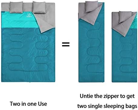oaskys Double Sleeping Bag for Adults with 2 Pillows - Queen Size XL Waterproof Sleeping Bag for All Season Camping Hiking Backpacking 2 Person Sleeping Bags for Cold Weather & Warm
