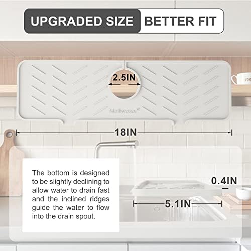 Meiliweser Silicone Faucet Splash Guard Gen 2 - Outlet & Slope Upgraded Faucet Water Catcher Mat - 18” x 5.1” - Sink Sponge Holder for Kitchen, Bathroom(Beige)