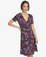 Tommy Hilfiger Women's Ruched Short Sleeve V-Neck A-line Mini Dress