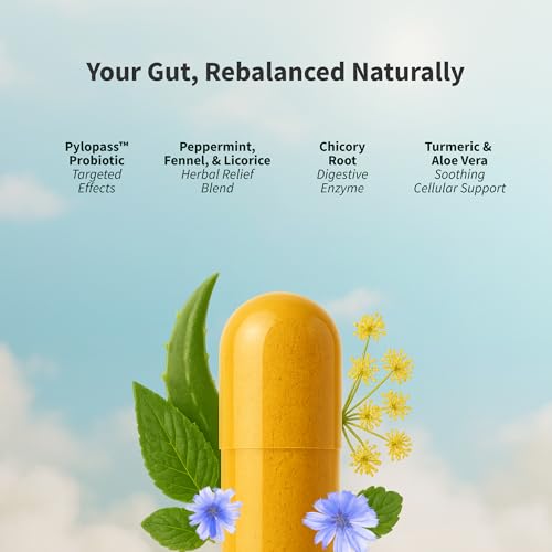 Gut Health Supplement with Turmeric, Aloe & Pylopass Probiotics – Digestive, Bloating & Mucosal Support – 15 Active Ingredients – 50 Capsules