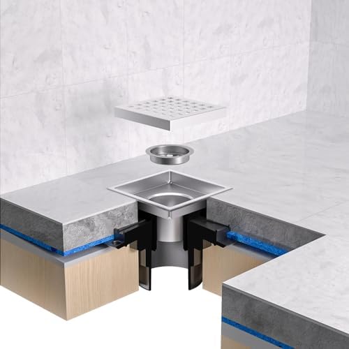 EXF 6 Inch Square Shower Drain Chrome, Stainless Steel Shower Floor Drain Kit with ABS Flange, Removable Grid Cover, Hair Strainer