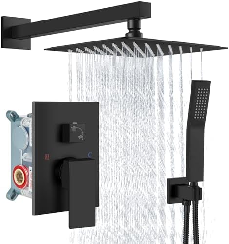 Aolemi Shower Faucet Set Rain Shower System with Handheld Spray Bathroom Shower Combo Rough-in Valve and Shower Trim Kit Included Matte Black 8 Inch Wall Mount Shower Head