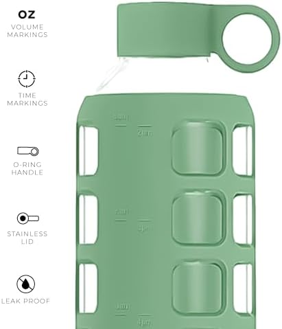 purifyou 40/32/22/12 oz Borosilicate Glass Water Bottles with Volume Markers, Silicone Sleeve, Stainless Steel Lid, Reusable Bottle for Water, Juice, Gym, and Fridge Storage (32oz Shale Green)