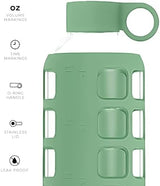 purifyou 40/32/22/12 oz Borosilicate Glass Water Bottles with Volume Markers, Silicone Sleeve, Stainless Steel Lid, Reusable Bottle for Water, Juice, Gym, and Fridge Storage (32oz Shale Green)