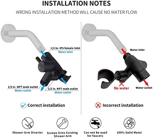 G-Promise Solid Metal Shower Arm Diverter with Holder for Hand Held Showerhead and Fixed Spray Head, G 1/2 3-Way Bathroom Universal Diverter System Replacement Part (Matte Black)
