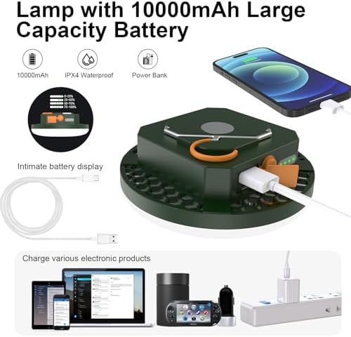 2pcs 10000mAh Rechargeable 3000LM Tent Light Camping Light, 6500K 24Hours Long Play Time , Outdoor Night Market Light Night Fishing Light Emergency Lights for Hurricane Tsunami disasters (Green)