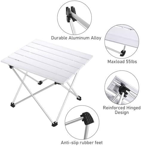 Tesouro Portable Camping Table,Folding Side Table Aluminum Top for Outdoor Cooking, Hiking, Travel, Picnic (Small, Sliver)