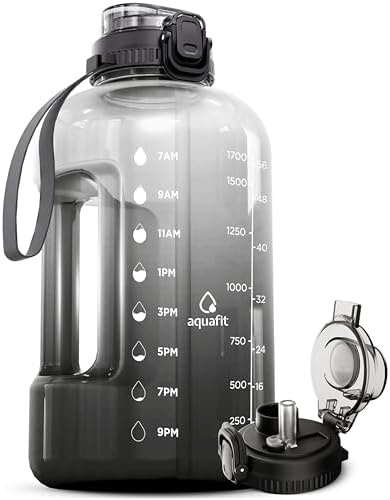 AQUAFIT 64 oz Water Bottle with Time Marker - Straw & Chug Lid - BPA Free Big Water Bottle with Straw - Gym Water Bottle with Handle - Gallon Water Jug (64 Ounces, Midnight Gray)