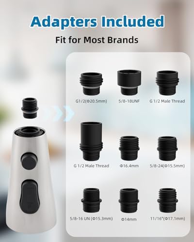 Hygie Rinse Stainless Faucet Head Replacement with 15 Adapters Compatible with Moen/Delta/Kohler Pull Down Kitchen Faucet, 3 Water Modes Kitchen Sink Faucet Sprayer Head, Brushed Nickel Finish