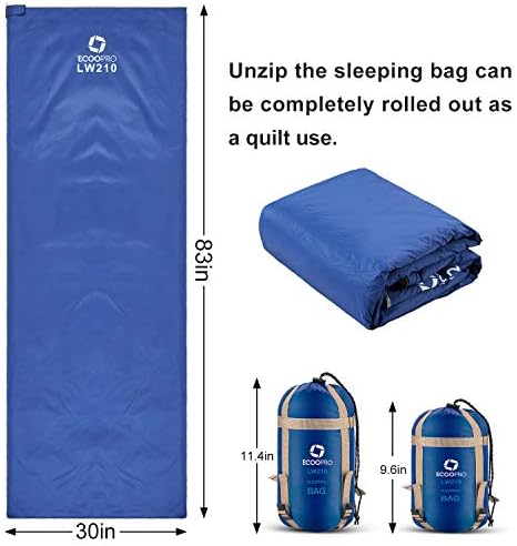 ECOOPRO Warm Weather Sleeping Bag - Portable, Waterproof, Compact Lightweight, Comfort with Compression Sack - Great for Outdoor Camping, Backpacking & Hiking-83 L x 30" W Fits Adults