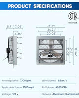 KEN BROWN 24 Inch Shutter Exhaust Fan with Speed Controller, 4200CFM High Speed, Wall Mounted Vent Fan for Garage, Attic, Greenhouse, Shed, Shop, Includes 1.65M Power Cord