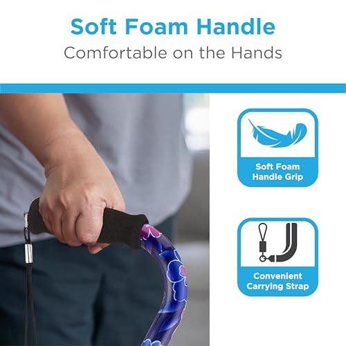 Designer Walking Cane with Offset Handle, Lightweight Adjustable Walking Stick with Carrying Strap, “Maui Flowers Design