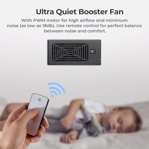 Quiet Register Booster Fan Fits 4" x 10" Register Holes, 10-Speed Smart Heating Cooling AC Vent Fan with Remote Control and Thermostat Control - Black