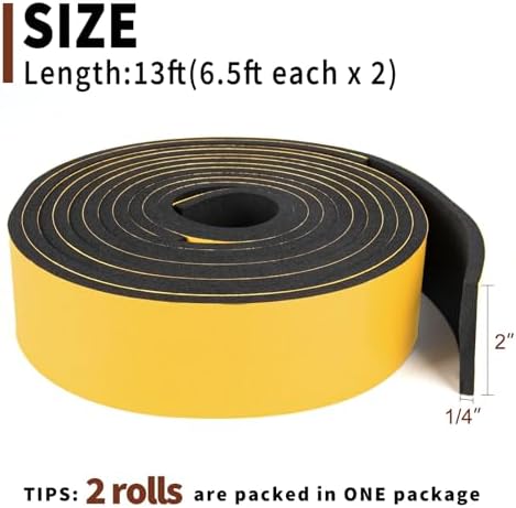 Yotache High Density Adhesive Foam Seal Tape 2 Rolls 2" W X 1/4" T, (New Adhesive Craft) Weather Strip Insulation for RV, Air Conditioning Window, Garage Door, Total 13 Ft Length