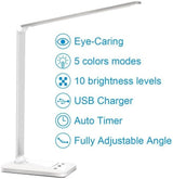 White crown LED Desk Lamp Dimmable Table Lamp Reading Lamp with USB Charging Port, 5 Lighting Modes, Sensitive Control, 30/60 Minutes Timer (White, First-Generation)
