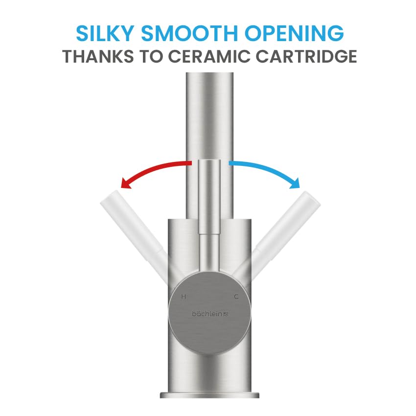 Bächlein Kitchen Faucet 360 Degree Swivel (Brushed Stainless Steel) - One-Hand Stainless Steel Sink Mixer with Flexible Neck and Shower with Switch Button, Water Tap for The Kitchen